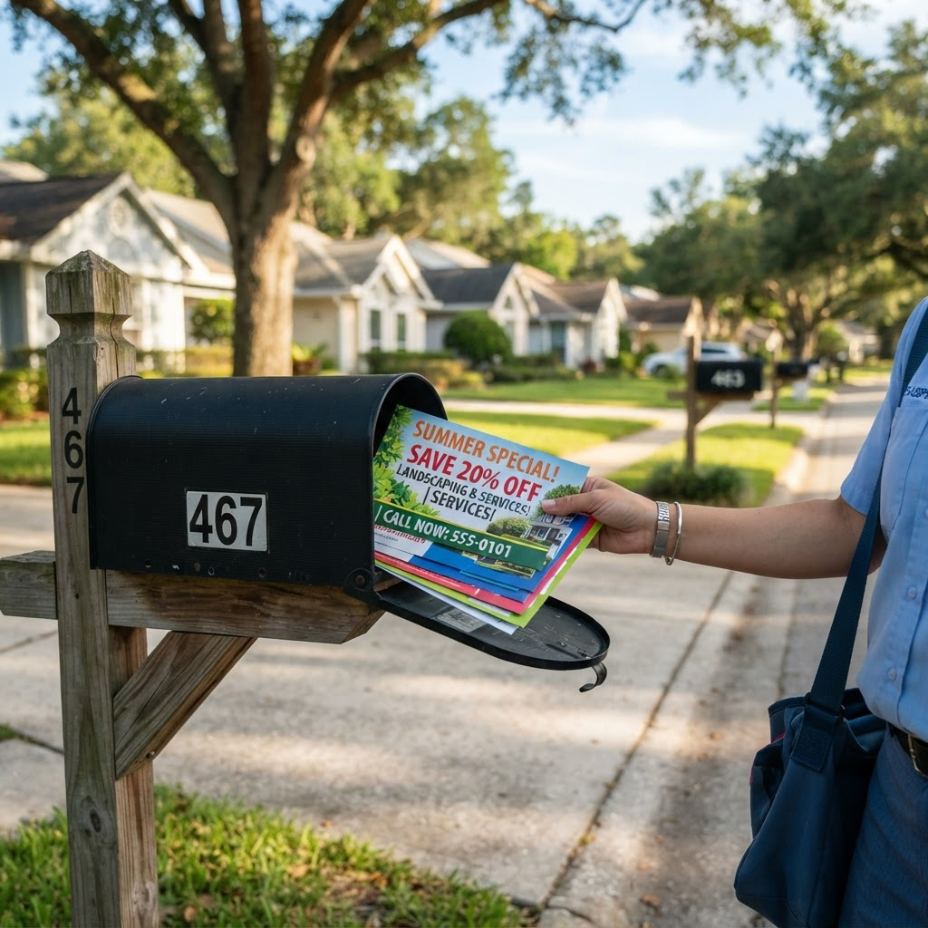 Colorful EDDM marketing postcards being delivered to residential mailboxes